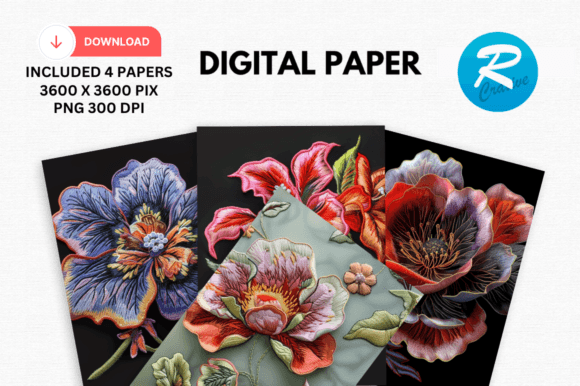 3D Embroidered Flower Digital Paper PNG: Elevate Your Designs