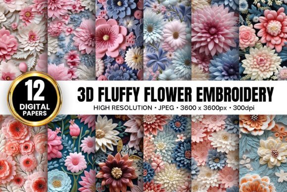 3D Fluffy Floral Embroidery Patterns: Creative Digital Designs